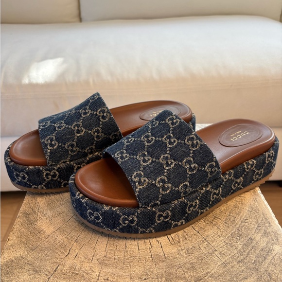 Gucci Denim GG Jacquard Slide Sandals - Blue and Brown - Picture 4 of 5